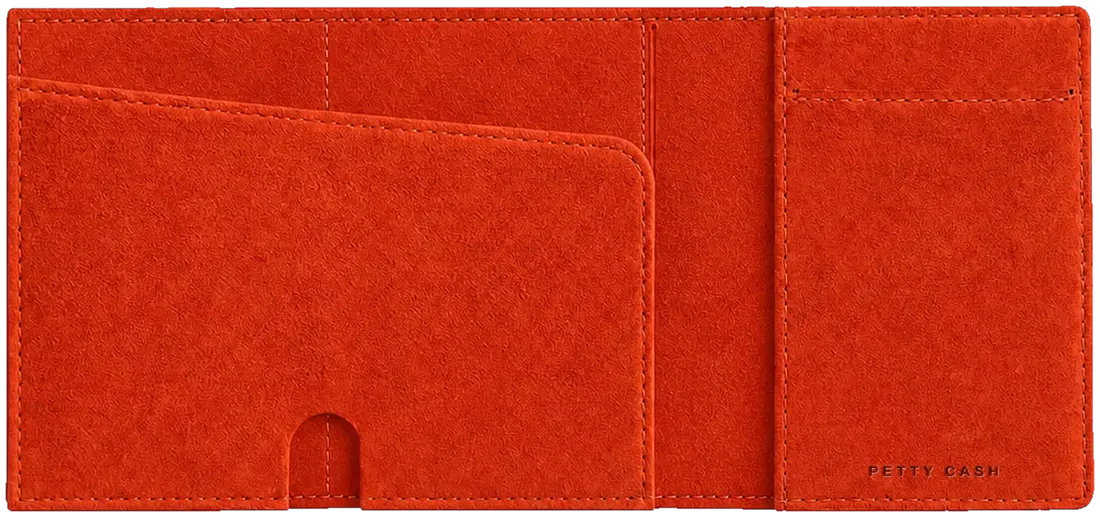 Inside of the yellow PETTY CASH slim wallet with orange card slots