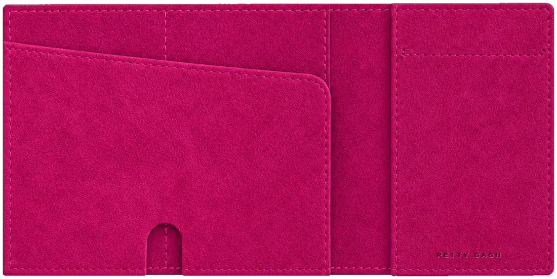 Inside of the turquoise PETTY CASH slim wallet with pink card slots