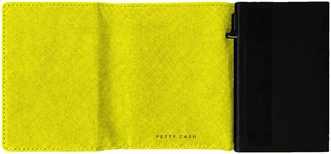 Yellow PETTY CASH slim wallet opened, with black pop-up card holder