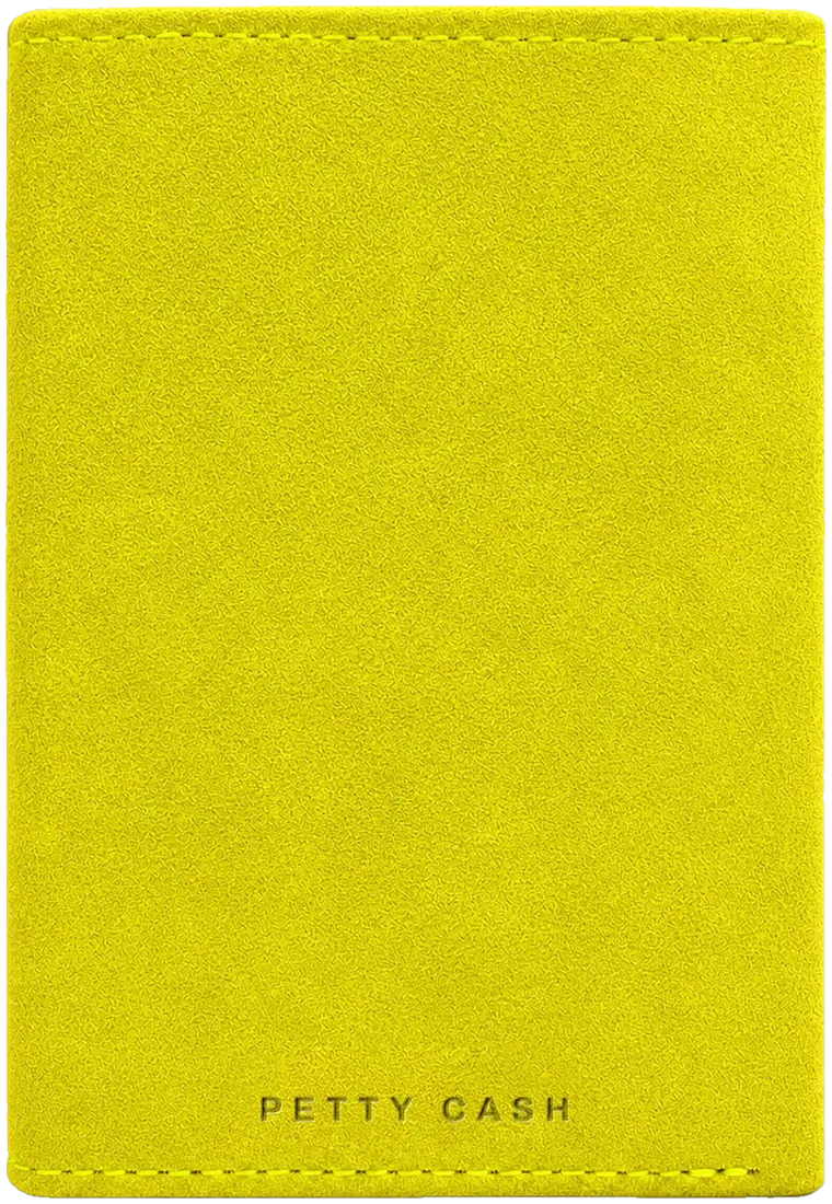 PETTY CASH slim wallet in electric yellow microsuede, front with embossed logo