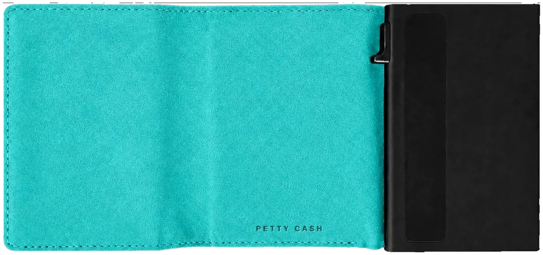 Turquoise PETTY CASH slim wallet opened, with black pop-up card holder