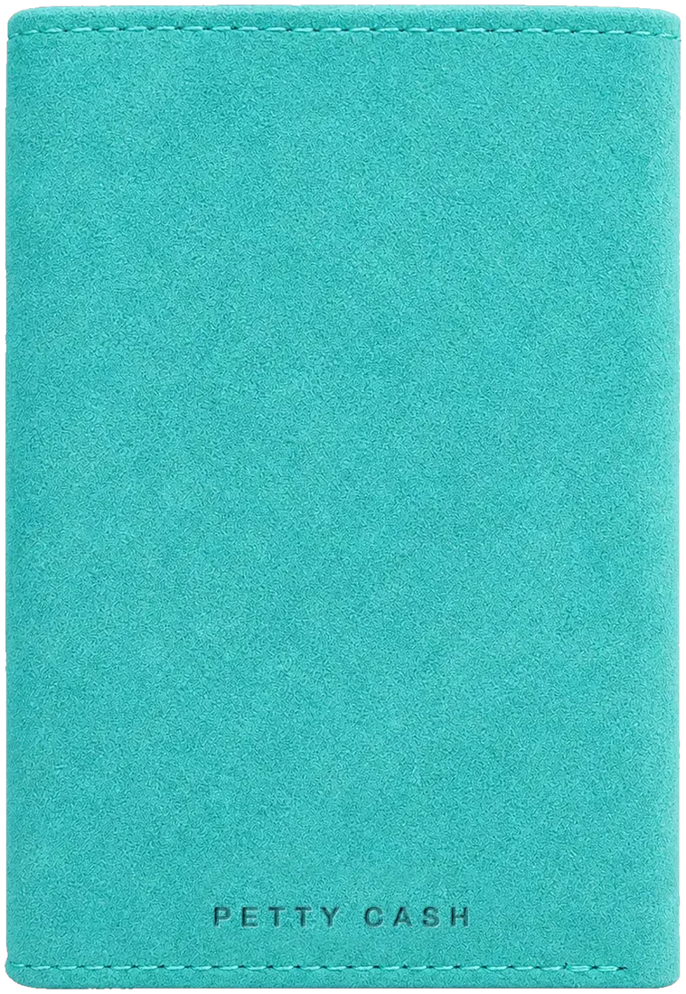 PETTY CASH slim wallet in turquoise microsuede, front with embossed logo