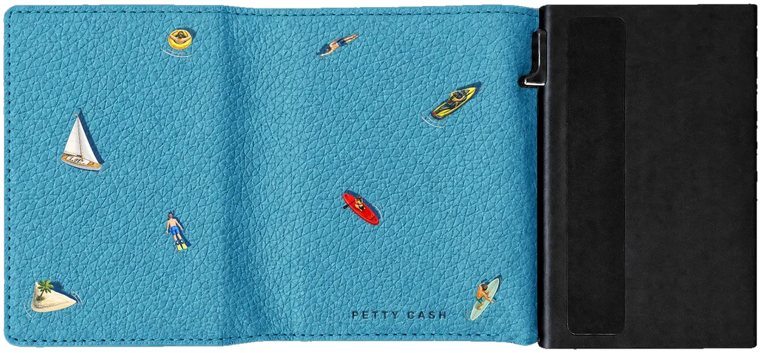 PETTY CASH summer edition slim wallet opened, blue with water-sports print