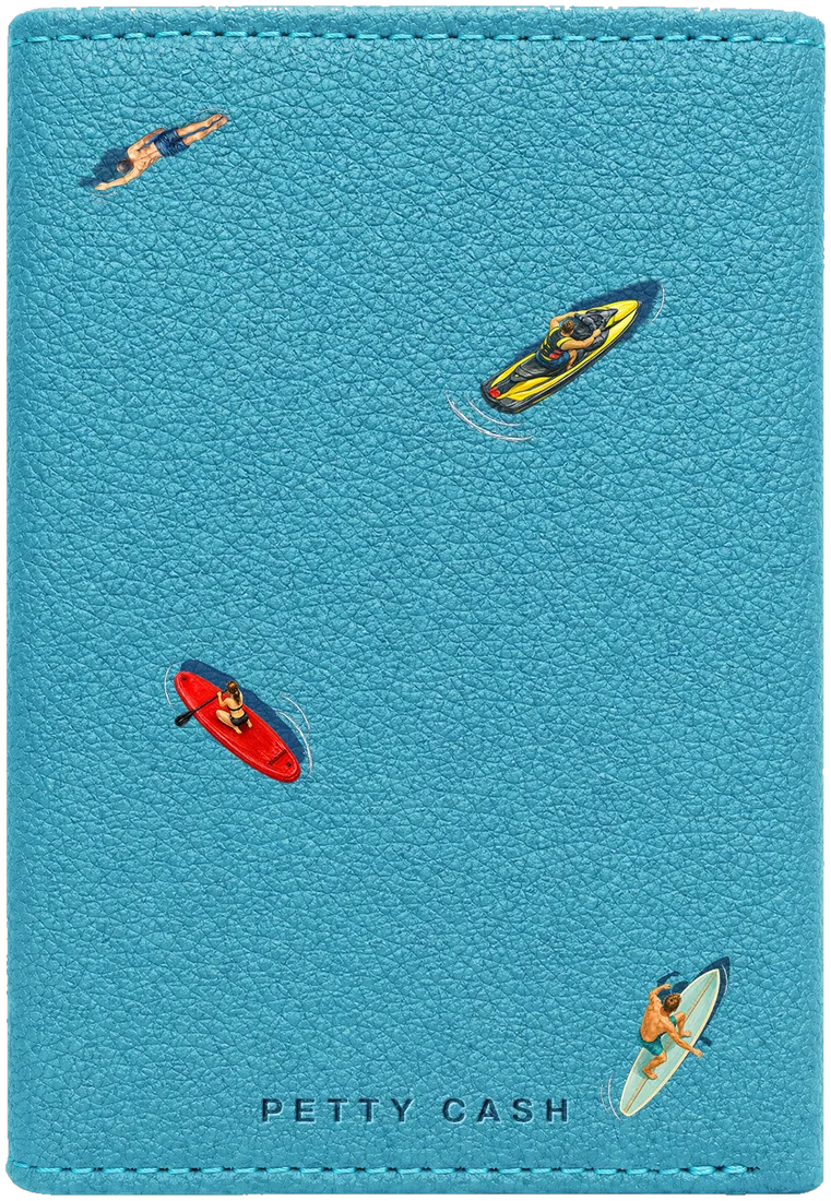 PETTY CASH summer edition slim wallet in blue textured leather with water-sports print